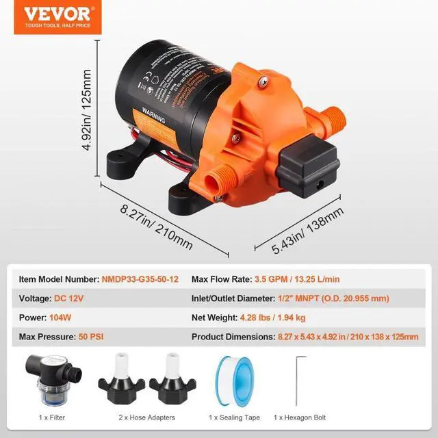 Alt view image 7 of 7 - VEVOR 12V Diaphragm Pump 3.5GPM 13.25L/min 3-Chamber Water Pump Pressure Switch