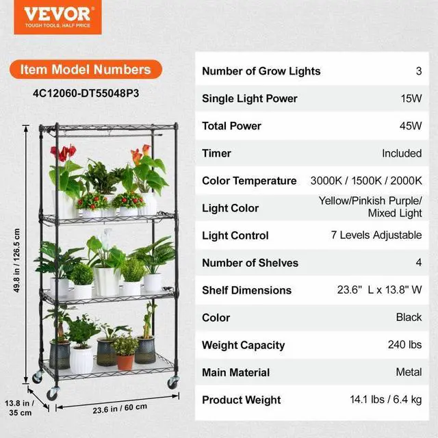 Alt view image 7 of 7 - VEVOR Plant Stand with Grow Light, 4-Tier Plant Shelf with 45W Full Spectrum Grow Light, 3 Mode Plant Light with Timer and Wheel for Seed Starting, Metal Grow Light Shelf for Indoor Plants