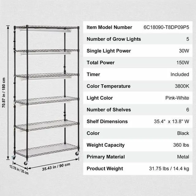 Alt view image 7 of 7 - VEVOR Plant Stand with Grow Light, 6-Tier Large Tall Plant Shelf with 150W Full Spectrum Grow Light, Indoor LED Plant Light with Timer and Wheel for Seed Starting 35.4" L x 13.8" W x 70.9" H