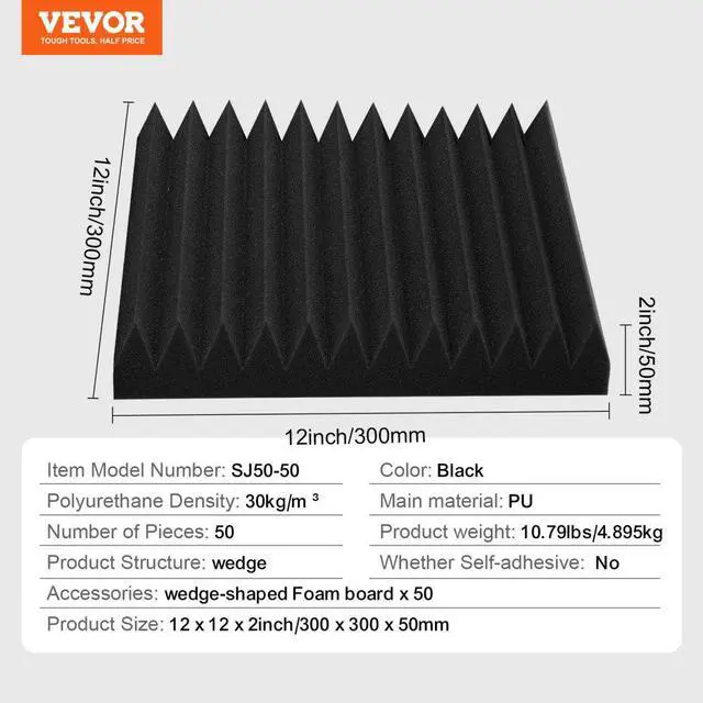 Alt view image 7 of 7 - VEVOR Acoustic Foam Panels 50 Pack 12 x 12 x 2 in for Studio Wall and Ceiling