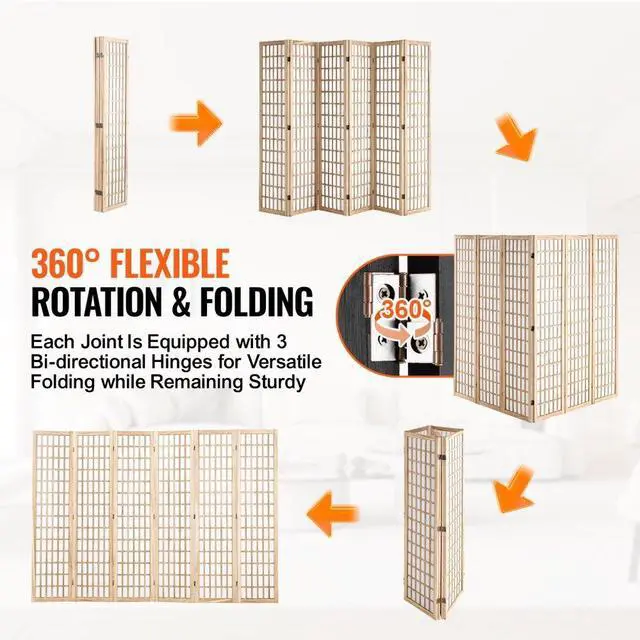Alt view image 3 of 7 - VEVOR  Room Divider, 6 Panel Japanese Room Divider, Wood Folding Privacy Screen Indoor, Japanese Partition Dividers Portable Decoration Screens, for Room Separation Home Office Restaurant & Bedroom