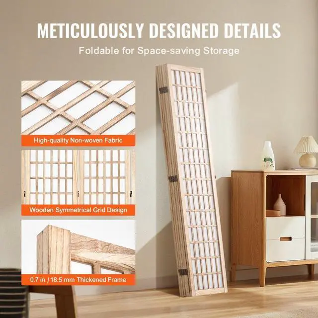 Alt view image 5 of 7 - VEVOR  Room Divider, 6 Panel Japanese Room Divider, Wood Folding Privacy Screen Indoor, Japanese Partition Dividers Portable Decoration Screens, for Room Separation Home Office Restaurant & Bedroom
