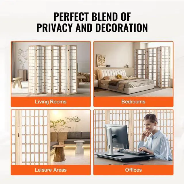 Alt view image 6 of 7 - VEVOR  Room Divider, 6 Panel Japanese Room Divider, Wood Folding Privacy Screen Indoor, Japanese Partition Dividers Portable Decoration Screens, for Room Separation Home Office Restaurant & Bedroom
