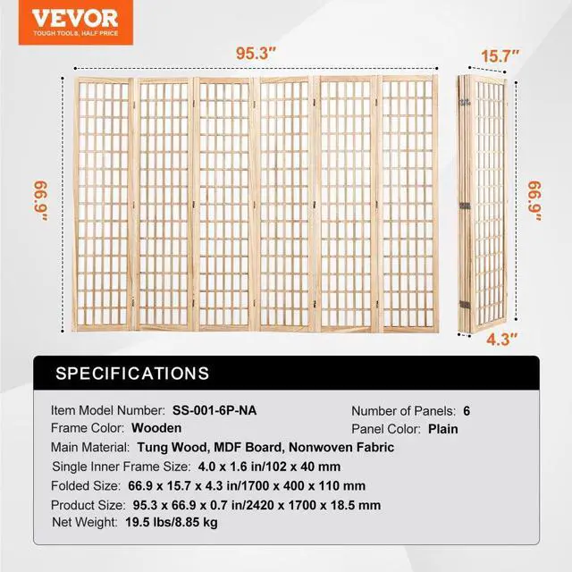 Alt view image 7 of 7 - VEVOR  Room Divider, 6 Panel Japanese Room Divider, Wood Folding Privacy Screen Indoor, Japanese Partition Dividers Portable Decoration Screens, for Room Separation Home Office Restaurant & Bedroom
