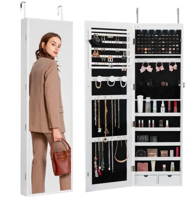 Main image of VEVOR Mirror Jewelry Cabinet, 47.05-Inch Tall Lockable Jewelry Cabinet Armoire with Full-Length Mirror, Wall or Door Mounted Jewelry Mirror Organizer with LED Interior Lights and Velvet Lining, White