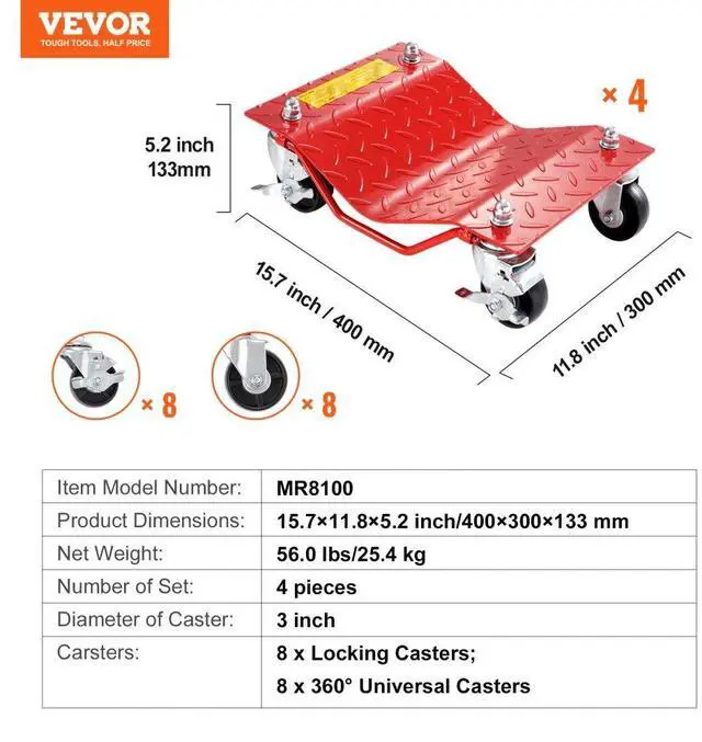Alt view image 7 of 7 - VEVOR Wheel Dolly Heavy-Duty Car Tire Stake Vehicle Moving Dolly 8000 lbs 4 Pack
