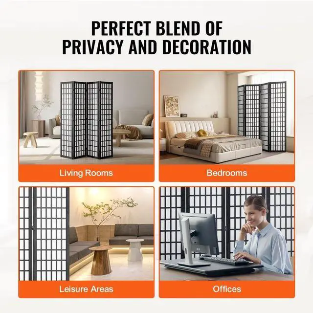 Alt view image 6 of 7 - VEVOR  Room Divider, 4 Panel Japanese Room Divider, Wood Folding Privacy Screen Indoor, Japanese Partition Dividers Portable Decoration Screens, for Room Separation Home Office Restaurant & Bedroom