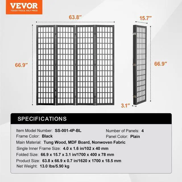 Alt view image 7 of 7 - VEVOR  Room Divider, 4 Panel Japanese Room Divider, Wood Folding Privacy Screen Indoor, Japanese Partition Dividers Portable Decoration Screens, for Room Separation Home Office Restaurant & Bedroom