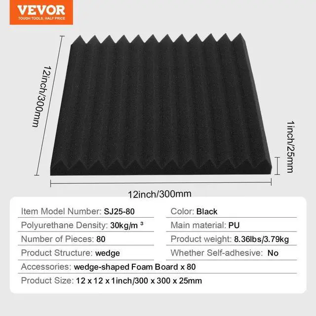Alt view image 7 of 7 - VEVOR Acoustic Foam Panels 80 Pack 12 x 12 x 1 in for Studio Wall and Ceiling