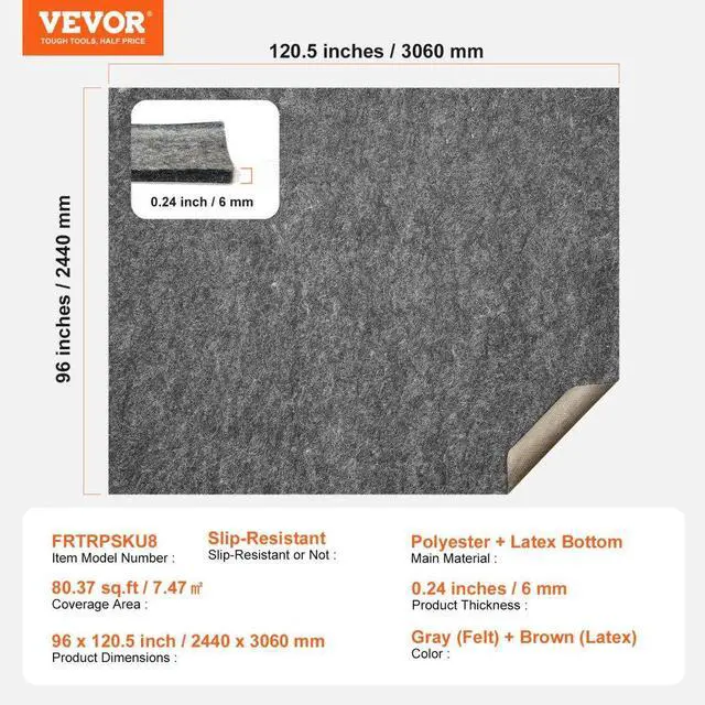 Alt view image 7 of 7 - VEVOR Non Slip Rug Pad Gripper 8' x 10' Carpet Mat 0.24" Thick for All Floor