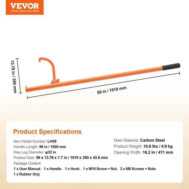 Alt view image 7 of 7 - VEVOR Cant Hook Tool 59 in Heavy Duty Steel Log Roller Forestry Logging Tools