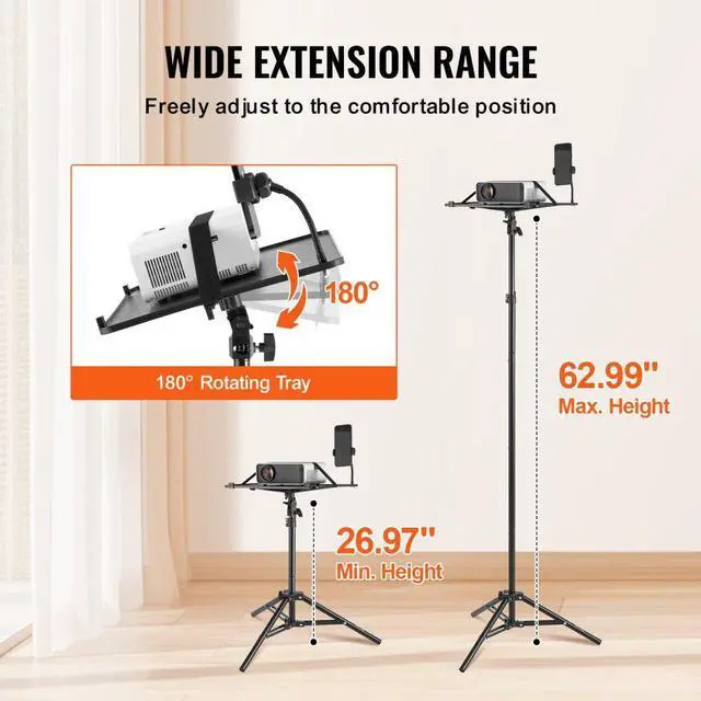 Alt view image 3 of 7 - VEVOR  Projector Stand, Projector Floor Stand Adjustable Height from 26.97 to 63 in, DJ Equipment, Projector Mount with Tray, Ideal for Outdoor Movies, Home, Office, Stage and Studio, Max Load Capaci