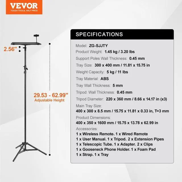 Alt view image 7 of 7 - VEVOR  Projector Stand, Projector Floor Stand Adjustable Height from 26.97 to 63 in, DJ Equipment, Projector Mount with Tray, Ideal for Outdoor Movies, Home, Office, Stage and Studio, Max Load Capaci