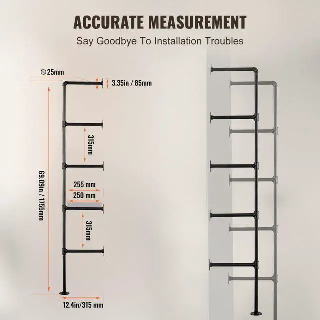 Alt view image 6 of 7 - VEVOR Industrial Pipe Shelf 5 Tier 2PCS 9.84in W Wall-Mount Planks NOT Included