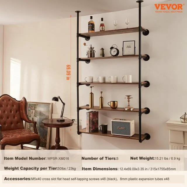 Alt view image 7 of 7 - VEVOR Industrial Pipe Shelf 5 Tier 2PCS 9.84in W Wall-Mount Planks NOT Included