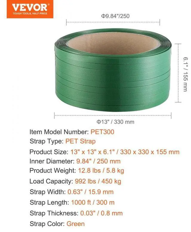 Alt view image 7 of 7 - VEVOR Packaging Polyester PET Strapping Roll 0.63" x 0.03" x 1000' Banding Strap