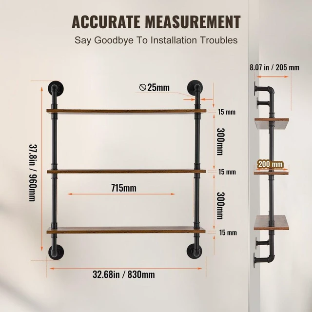 VEVOR Industrial Pipe Shelf 3 Tier 32x7.87in Wall-Mount for Kitchen ...