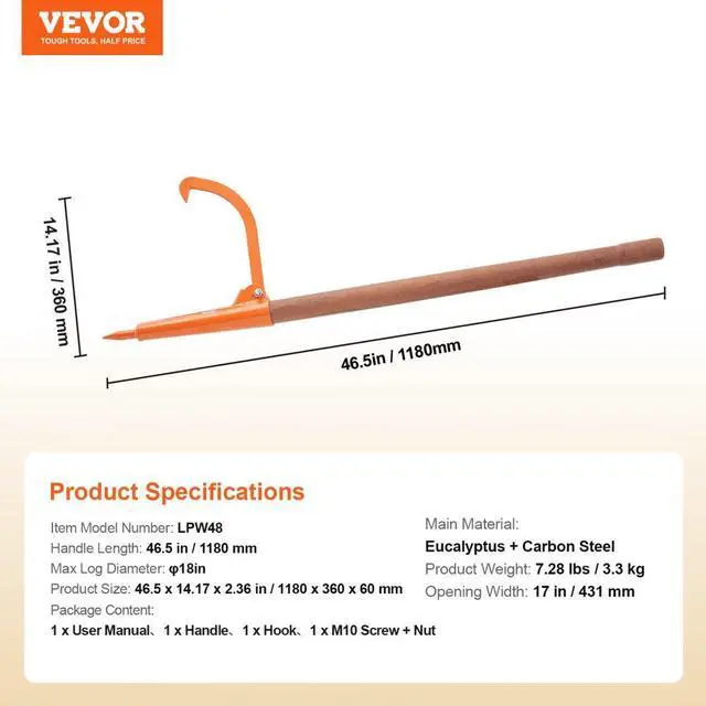 Alt view image 7 of 7 - VEVOR Log Peavey 46.5 in Wooden Handle Log Lifter Max 18 in Opening Log Roller