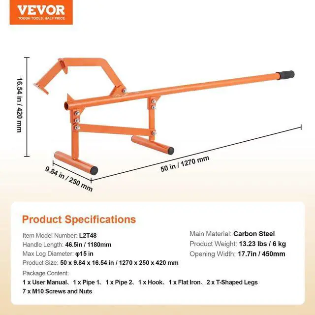 Alt view image 7 of 7 - VEVOR Timberjack 46.5 in Heavy Duty Log Lifter for Max 15" Dia Logs Rolling