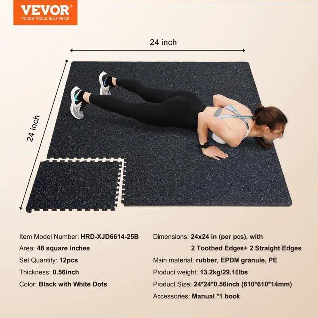 Alt view image 7 of 7 - VEVOR 12 PCS 0.56" Thick Gym Floor Mats, 24" x 24" EVA Foam & Rubber Top Interlocking Workout Floor Mats with 48 sq.ft Coverage, Waterproof Exercise Puzzle Flooring for Gym, Home, Garage, Basement, B