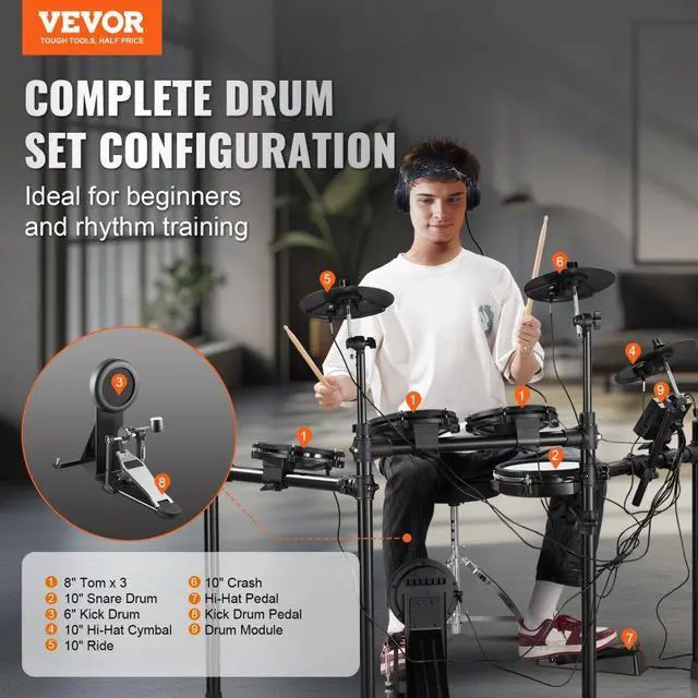Alt view image 2 of 7 - VEVOR Electric Drum Set Electronic Drum Kit 480 Sounds for Beginners & Adults