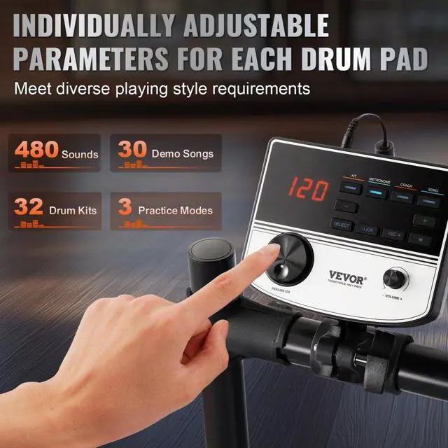 Alt view image 3 of 7 - VEVOR Electric Drum Set Electronic Drum Kit 480 Sounds for Beginners & Adults