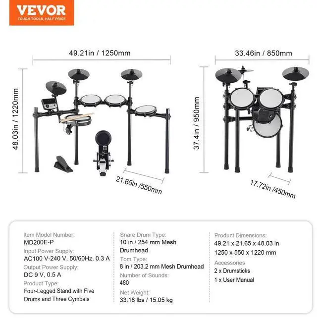 Alt view image 7 of 7 - VEVOR Electric Drum Set Electronic Drum Kit 480 Sounds for Beginners & Adults
