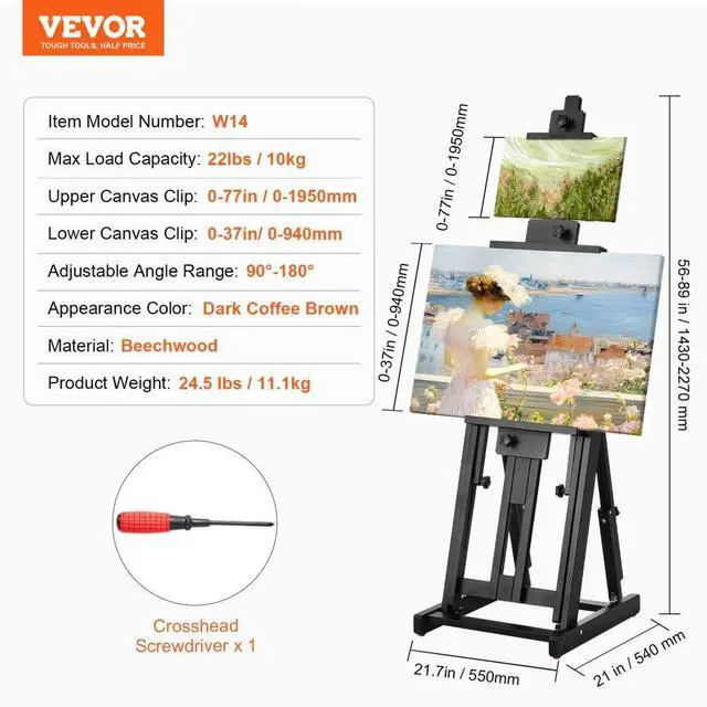Alt view image 7 of 7 - VEVOR Studio H-Frame Easel Holds Canvas Art up to 77" Beechwood Artists Easel