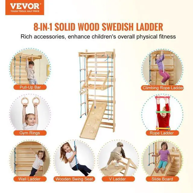 Alt view image 2 of 7 - VEVOR Swedish Ladder Wall Gym 8 in 1 Wooden Indoor Playground Climbing Toys