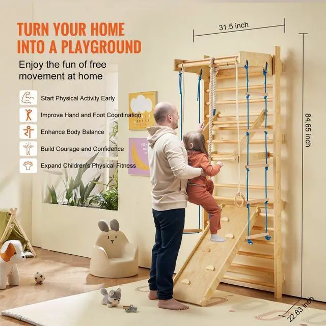 Alt view image 3 of 7 - VEVOR Swedish Ladder Wall Gym 8 in 1 Wooden Indoor Playground Climbing Toys