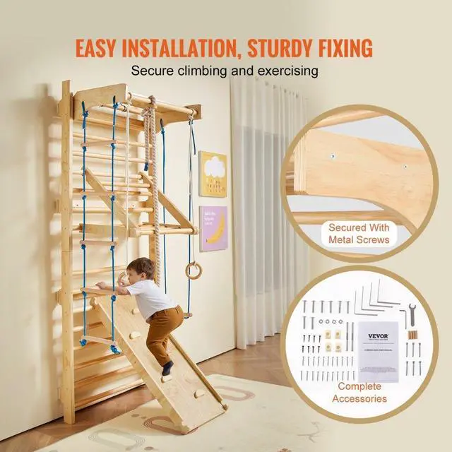 Alt view image 6 of 7 - VEVOR Swedish Ladder Wall Gym 8 in 1 Wooden Indoor Playground Climbing Toys