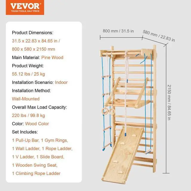 Alt view image 7 of 7 - VEVOR Swedish Ladder Wall Gym 8 in 1 Wooden Indoor Playground Climbing Toys