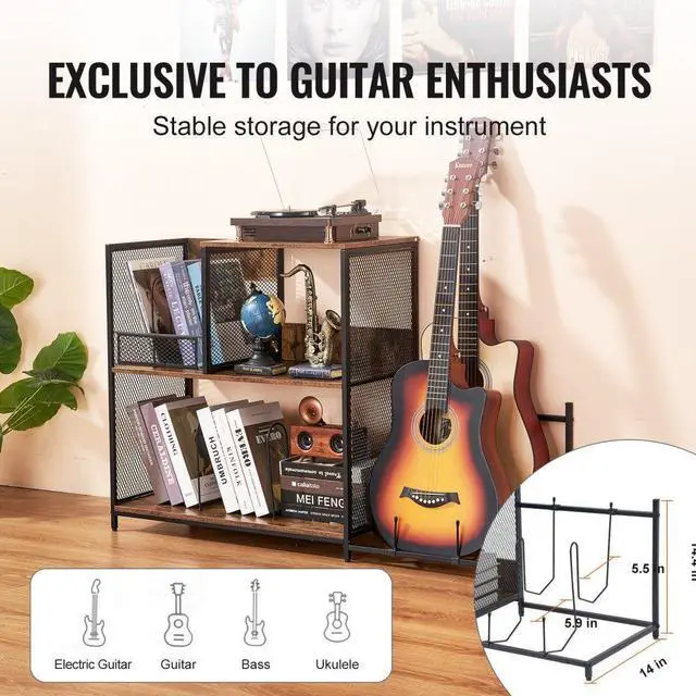 Alt view image 3 of 7 - VEVOR 3-Tier Record Player Stand with Guitar Holder, Turntable Stand with Storage Holds Up to 300 Albums, Vinyl Record Cabinet with Metal Mesh Frame for Living Room, Bedroom, Black
