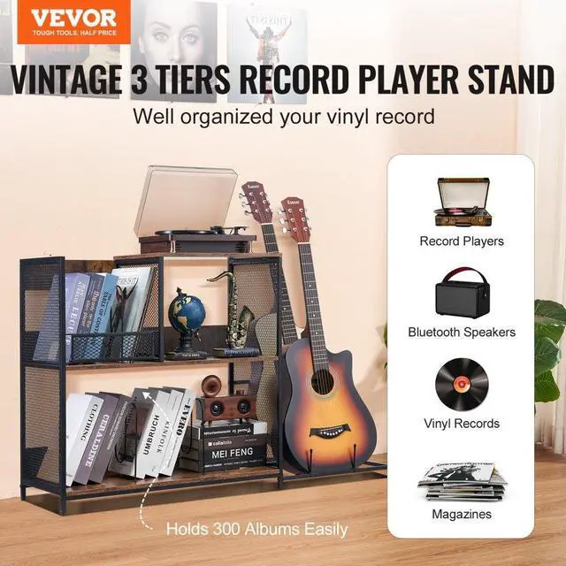 Alt view image 2 of 7 - VEVOR 3-Tier Record Player Stand with Guitar Holder, Turntable Stand with Storage Holds Up to 300 Albums, Vinyl Record Cabinet with Metal Mesh Frame for Living Room, Bedroom, Black