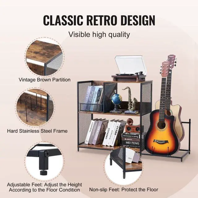 Alt view image 5 of 7 - VEVOR 3-Tier Record Player Stand with Guitar Holder, Turntable Stand with Storage Holds Up to 300 Albums, Vinyl Record Cabinet with Metal Mesh Frame for Living Room, Bedroom, Black