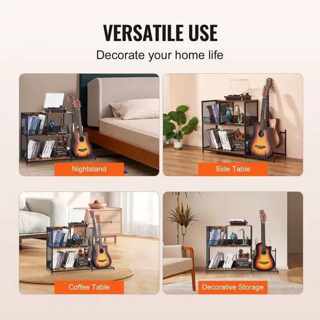 Alt view image 6 of 7 - VEVOR 3-Tier Record Player Stand with Guitar Holder, Turntable Stand with Storage Holds Up to 300 Albums, Vinyl Record Cabinet with Metal Mesh Frame for Living Room, Bedroom, Black