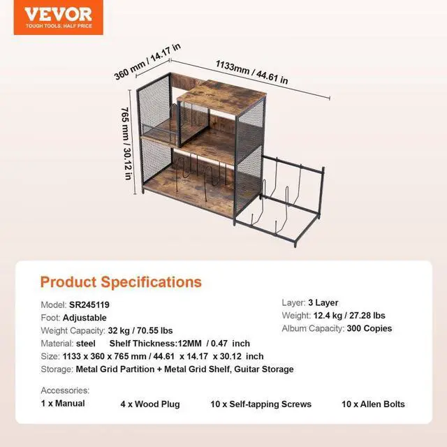 Alt view image 7 of 7 - VEVOR 3-Tier Record Player Stand with Guitar Holder, Turntable Stand with Storage Holds Up to 300 Albums, Vinyl Record Cabinet with Metal Mesh Frame for Living Room, Bedroom, Black