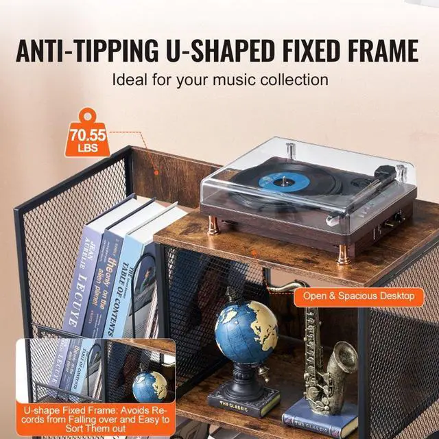 Alt view image 4 of 7 - VEVOR 3-Tier Record Player Stand with Guitar Holder, Turntable Stand with Storage Holds Up to 300 Albums, Vinyl Record Cabinet with Metal Mesh Frame for Living Room, Bedroom, Black