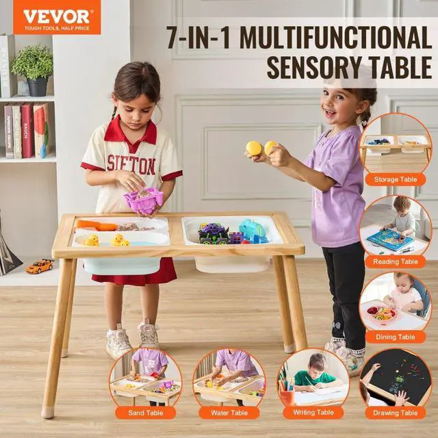 Alt view image 2 of 7 - VEVOR Sensory Table for Toddlers, Kids Activity Table with 3 Foldable Storage Bins & Double-Sided Board, Indoor/Outdoor Play Sand and Water Table, Wooden Kids Sensory Table for Drawing Studying Dining