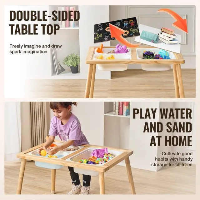 Alt view image 3 of 7 - VEVOR Sensory Table for Toddlers, Kids Activity Table with 3 Foldable Storage Bins & Double-Sided Board, Indoor/Outdoor Play Sand and Water Table, Wooden Kids Sensory Table for Drawing Studying Dining