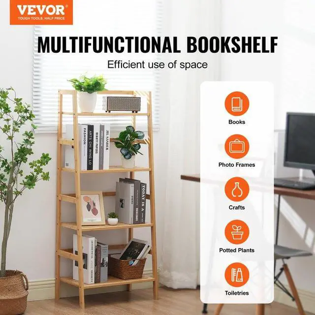 Alt view image 2 of 7 - VEVOR  4-Tier Bamboo Ladder Shelf, Rattan Shelf, Trapezoid Open Bookcase, Display Storage Rack Organizer, Freestanding Flower Plant Stand, Ladder Bookshelf Ideal for Bathroom, Bedroom, Office, Study,