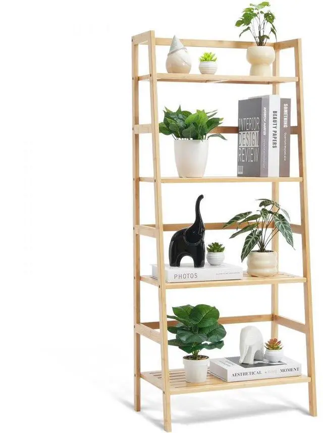 Main image of VEVOR  4-Tier Bamboo Ladder Shelf, Rattan Shelf, Trapezoid Open Bookcase, Display Storage Rack Organizer, Freestanding Flower Plant Stand, Ladder Bookshelf Ideal for Bathroom, Bedroom, Office, Study,