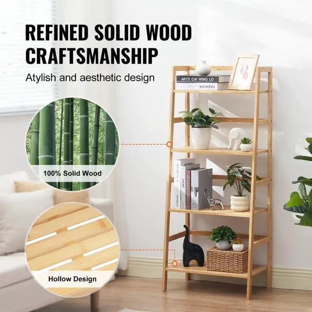 Alt view image 4 of 7 - VEVOR  4-Tier Bamboo Ladder Shelf, Rattan Shelf, Trapezoid Open Bookcase, Display Storage Rack Organizer, Freestanding Flower Plant Stand, Ladder Bookshelf Ideal for Bathroom, Bedroom, Office, Study,