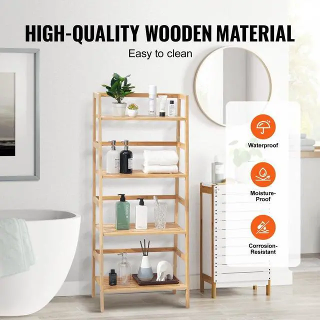 Alt view image 5 of 7 - VEVOR  4-Tier Bamboo Ladder Shelf, Rattan Shelf, Trapezoid Open Bookcase, Display Storage Rack Organizer, Freestanding Flower Plant Stand, Ladder Bookshelf Ideal for Bathroom, Bedroom, Office, Study,