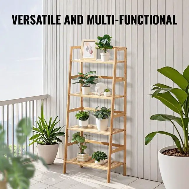Alt view image 7 of 7 - VEVOR  4-Tier Bamboo Ladder Shelf, Rattan Shelf, Trapezoid Open Bookcase, Display Storage Rack Organizer, Freestanding Flower Plant Stand, Ladder Bookshelf Ideal for Bathroom, Bedroom, Office, Study,