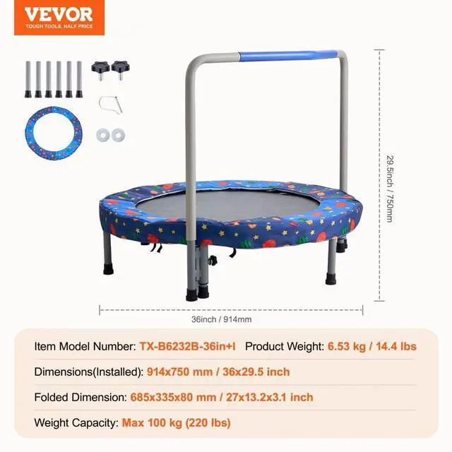 Alt view image 7 of 7 - VEVOR 36" Trampoline for Kids Foldable Mini Toddler Trampoline Indoor Outdoor