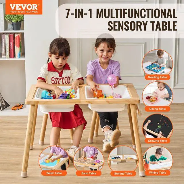 Alt view image 2 of 14 - VEVOR Sensory Table and Chairs Set, Toddlers Activity Table with 2 Stools, 2 Storage Bins & Paper Roll Holder, Indoor/Outdoor Play Sand and Water Table, Wooden Kids Sensory Table - Gift for Boys Girls