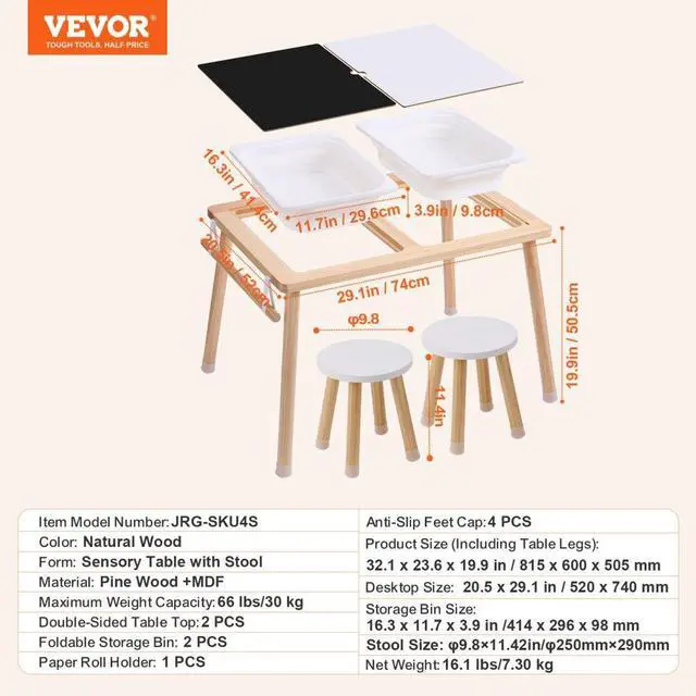 Alt view image 7 of 14 - VEVOR Sensory Table and Chairs Set, Toddlers Activity Table with 2 Stools, 2 Storage Bins & Paper Roll Holder, Indoor/Outdoor Play Sand and Water Table, Wooden Kids Sensory Table - Gift for Boys Girls