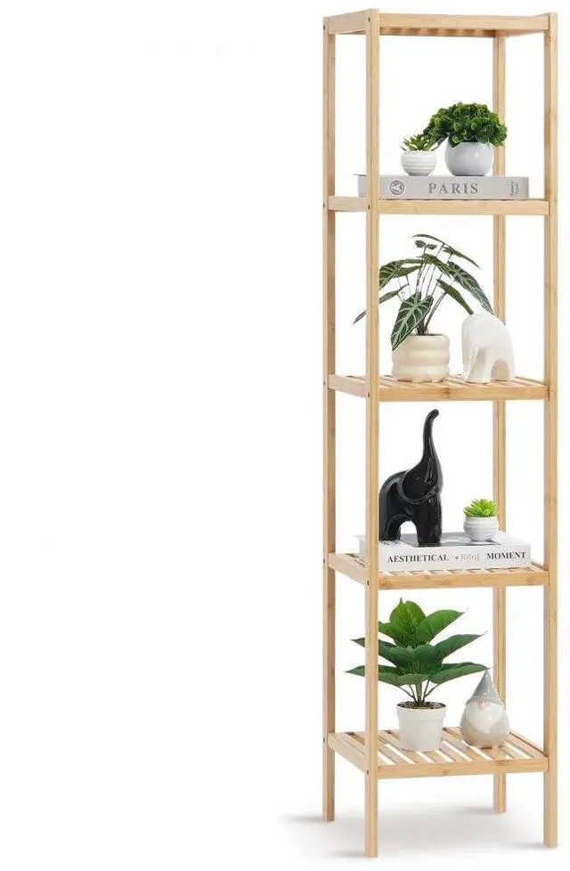 Main image of VEVOR 5-Tier Bathroom Standing Shelf, Rattan Shelf, Narrow Shelving Unit, Display Storage Rack Organizer, Freestanding Flower Plant Stand, Multifunctional Bamboo Shelf Ideal for Bathroom, Kitchen, Ho