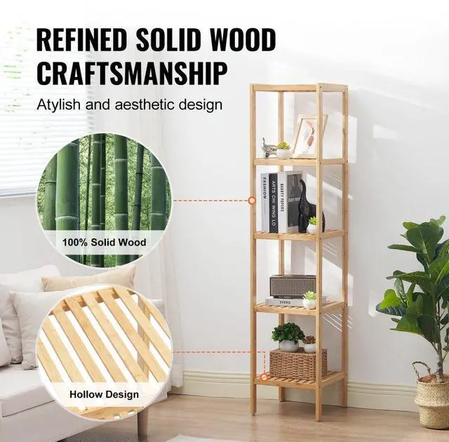 Alt view image 4 of 7 - VEVOR 5-Tier Bathroom Standing Shelf, Rattan Shelf, Narrow Shelving Unit, Display Storage Rack Organizer, Freestanding Flower Plant Stand, Multifunctional Bamboo Shelf Ideal for Bathroom, Kitchen, Ho